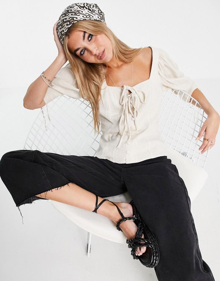 Topshop Linen Tie Front Puff Sleeve Top In Stone-neutral