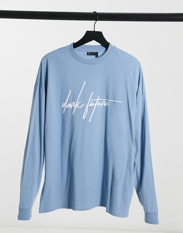 Asos Dark Future Oversized Long Sleeve T-shirt With Script Logo In Soft Blue-blues