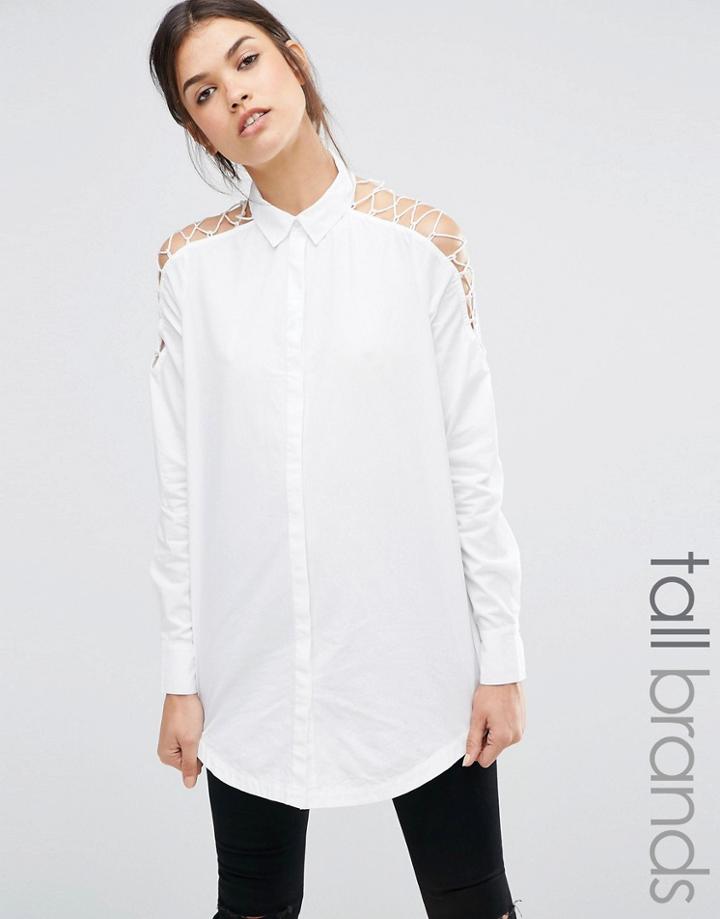 Noisy May Tall Longline Shirt With Cut Out Lace Up Detail - White