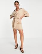 Asos Design Collared Wrap Front Batwing Mini Dress With Knot In Stone-neutral