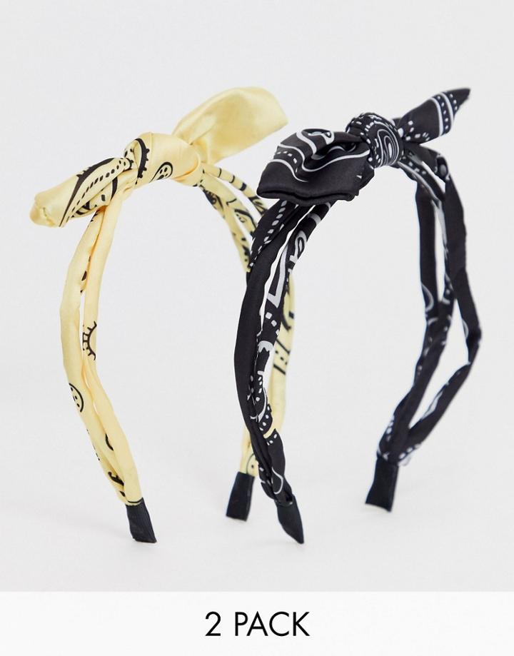 Asos Design Pack Of 2 Bow Headbands In Black And Yellow Bandana Print - Multi
