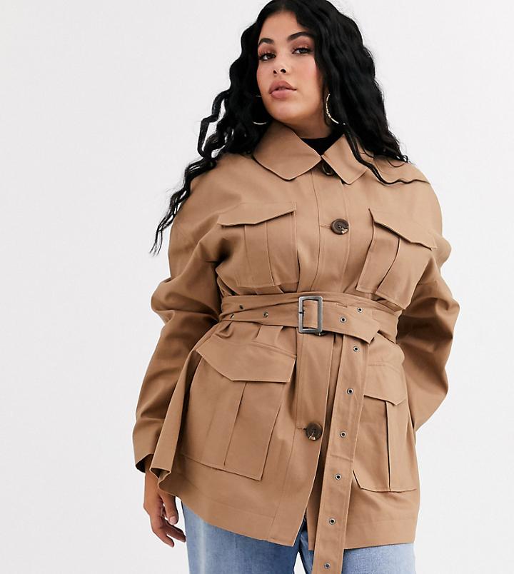 Asos Design Curve Utility Trench Jacket In Stone