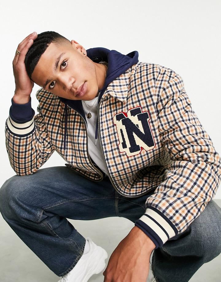 Asos Design Oversized Varsity Jacket In Brown Check