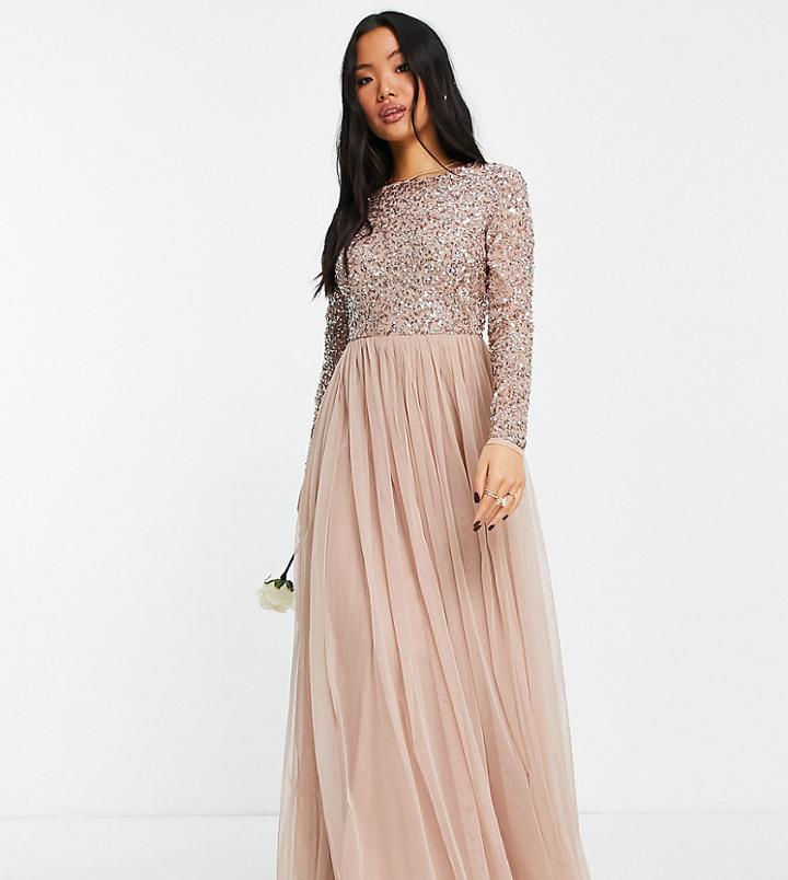 Maya Petite Bridesmaid Long Sleeve Maxi Dress With Delicate Sequin In Muted Blush-neutral