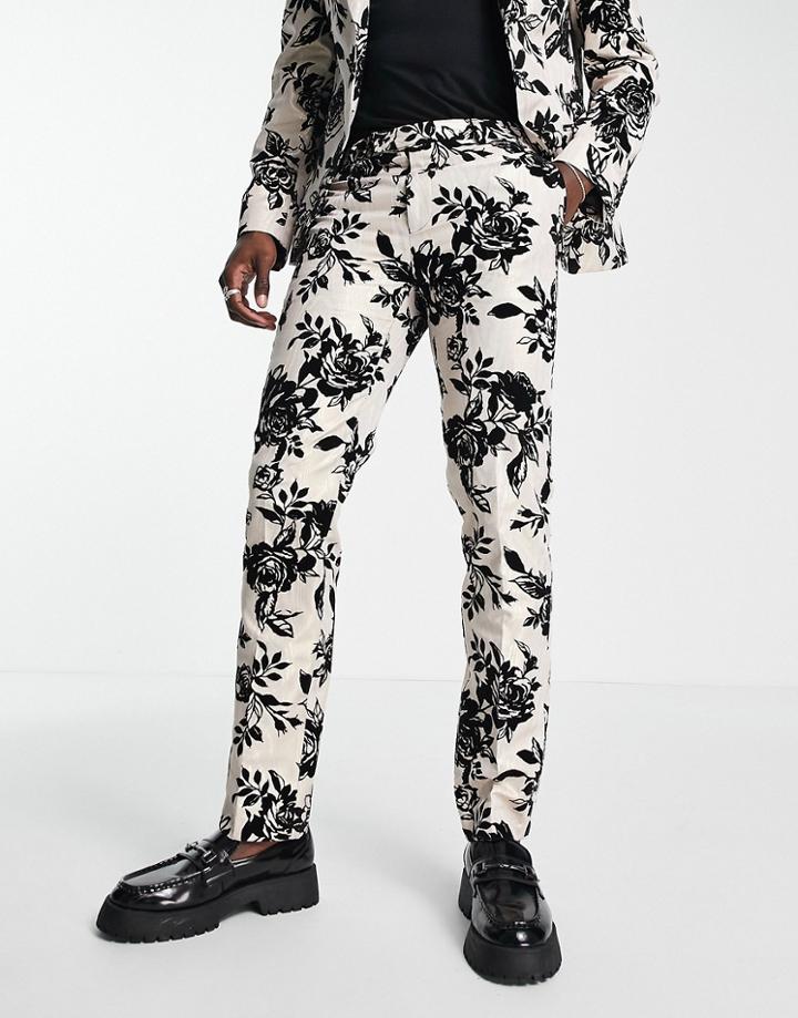 Twisted Tailor Barros Slim Fit Suit Pants In White With Black Floral Flocking-multi