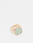 Asos Design Ring With Green And Pink Checkerboard Design In Gold Tone