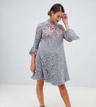 Little Mistress Maternity Lace Mini Shift Dress With Embroidery Detail - Gray