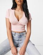 Asos Design Hourglass Wrap Crop Top With Cap Sleeve In Pink