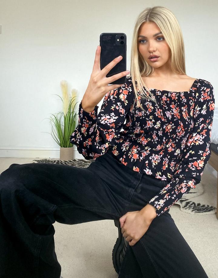 Pieces Shirred Waist Blouse In Dark Floral-multi