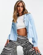 Asos Design Jersey Suit Cropped Shacket In Blue Check-multi