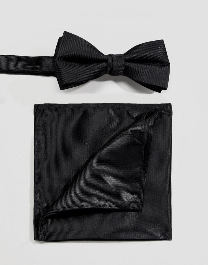 Selected Homme Bow Tie And Pocket Square Set In Black - Black