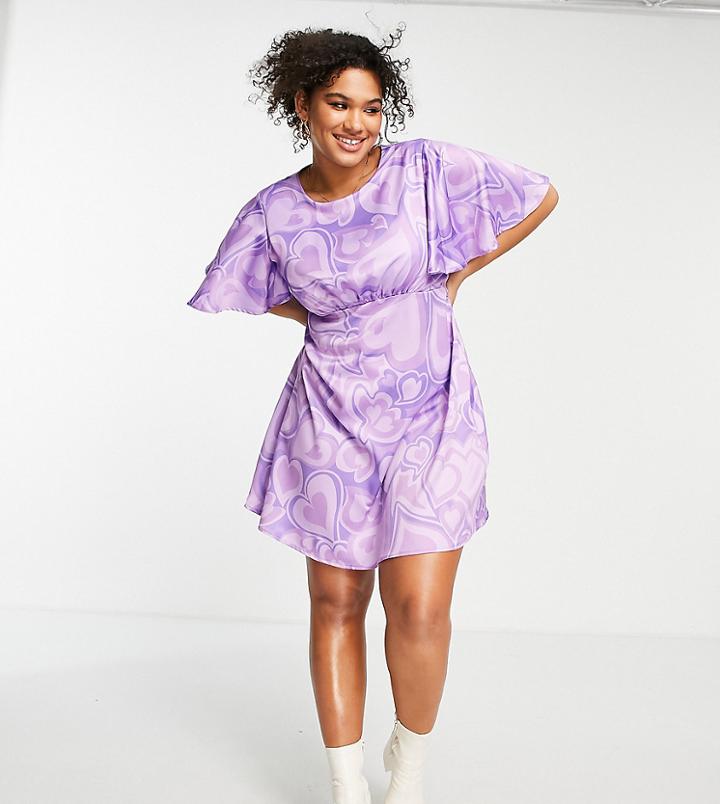 Twisted Wunder Plus Flutter Sleeve Mini Dress In All-over Heart Print-purple