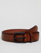 Asos Design Smart Slim Leather Belt With Floral Emboss In Brown - Brown