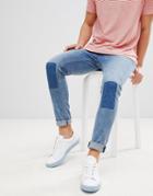 Asos Design Super Skinny Jeans In Vintage Mid Wash With Rip And Repair - Blue