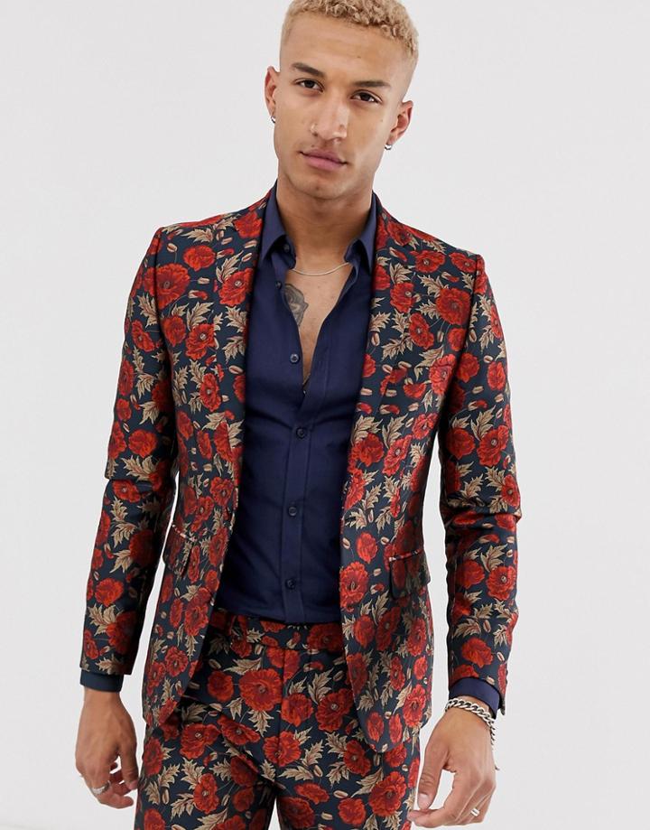 Tux Till Dawn Slim Fit Embroidered Poppy Jacquard Suit Jacket - Navy