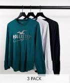 Hollister 3-pack Long Sleeve T-shirts In Black, Green And Gray With Chest Logo-multi
