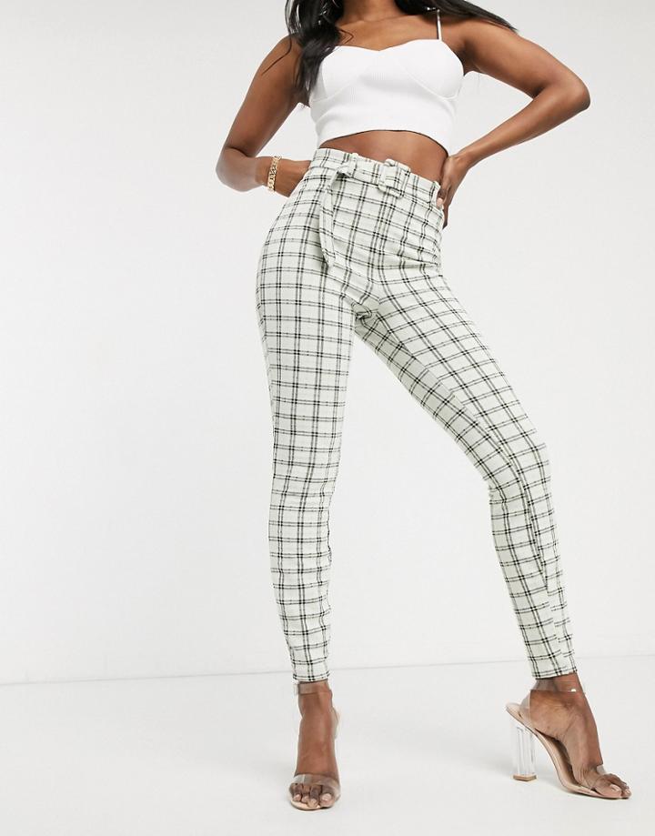 Asos Design Check Jacquard Skinny Pants With Buckle-multi