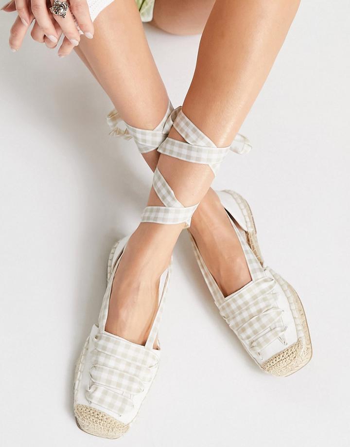 Stradivarius Lace Up Espadrille In Beige Gingham-multi