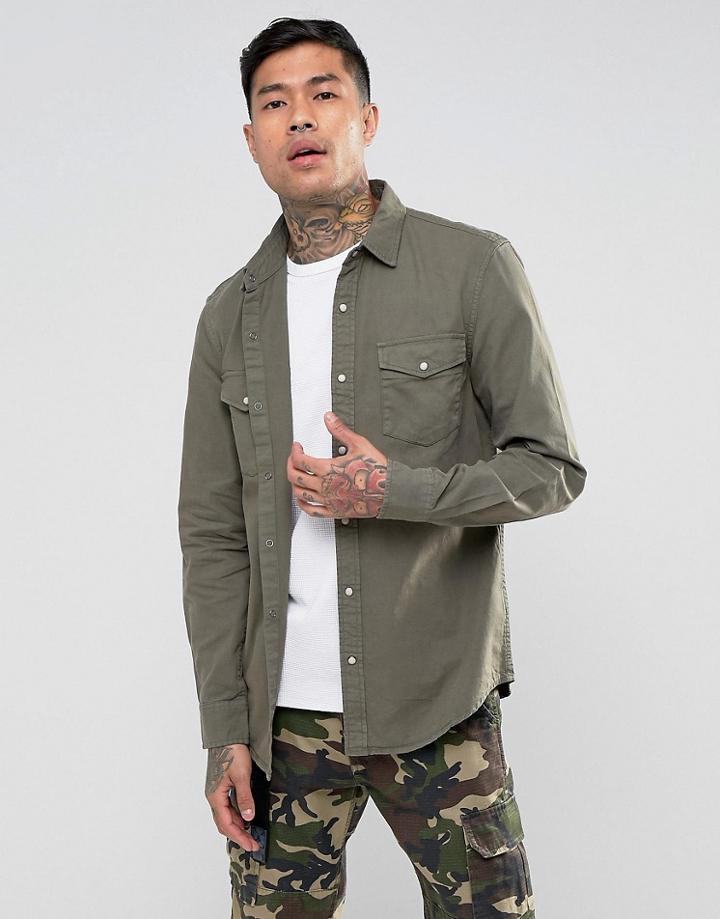 Pull & Bear Western Shirt In Khaki - Green