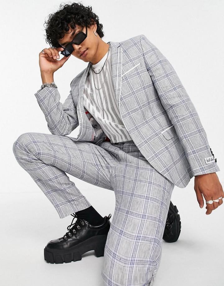 Twisted Tailor Linen Suit Jacket With Double Piping In Gray Blue Check