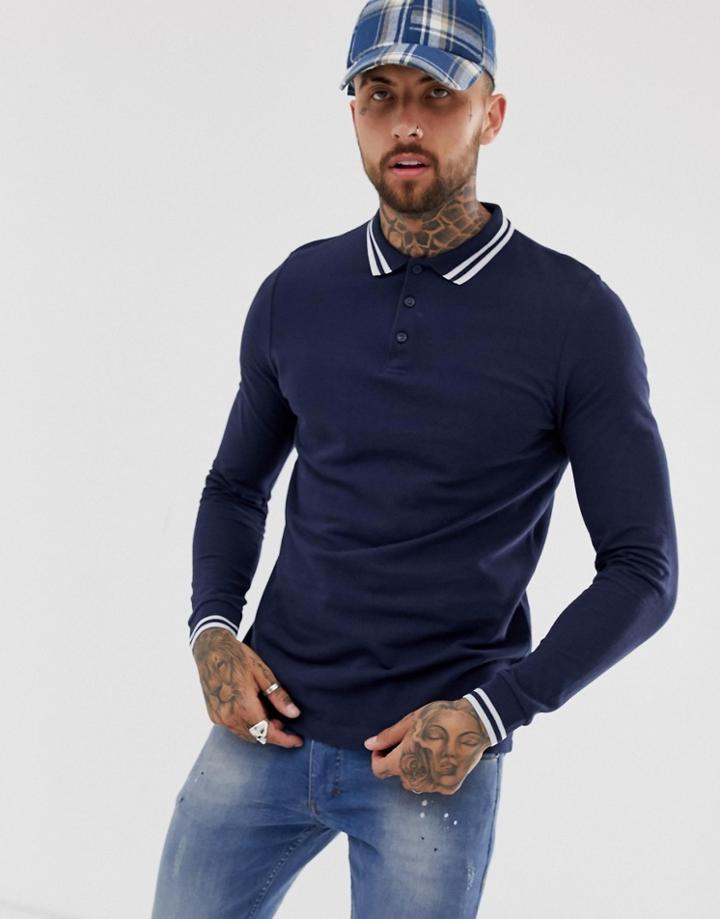 Asos Design Long Sleeve Tipped Pique Polo Shirt In Navy - Navy