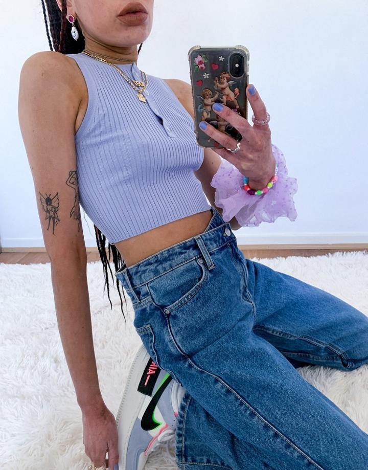 Asos Design Sleeveless Knit Tank With Button Placket In Light Blue-pink