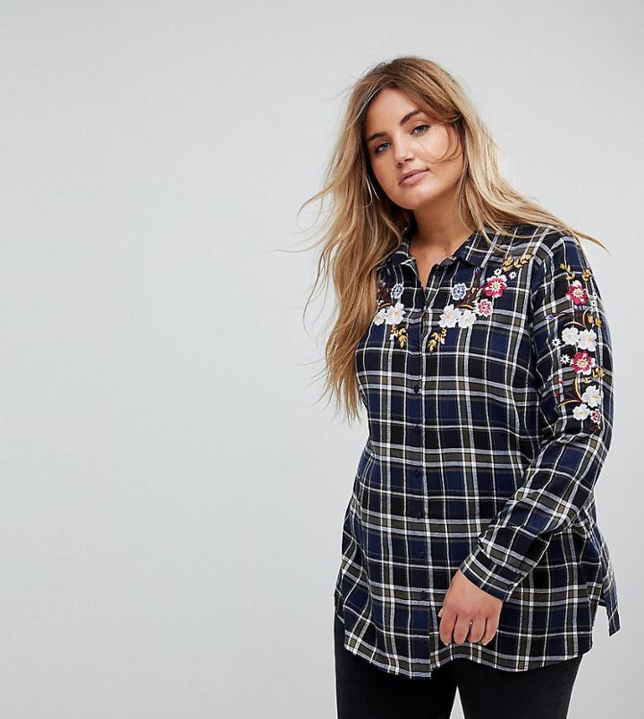 New Look Curve Embroidered Placement Check Shirt - Blue