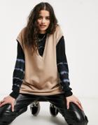 Bershka Oversized V-neck Tank In Beige-neutral