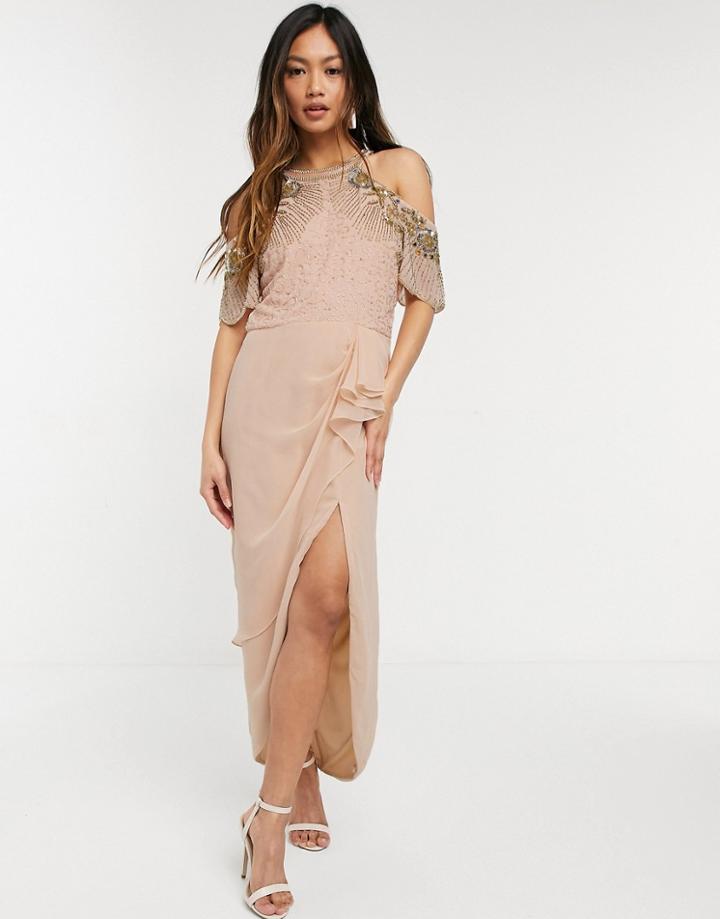 Virgos Lounge Embellished Midi Wrap Dress With Cold Shoulder Detail In Blush Pink
