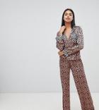 Missguided Pyjama Shirt And Pants Set In Contrast Leopard - Brown