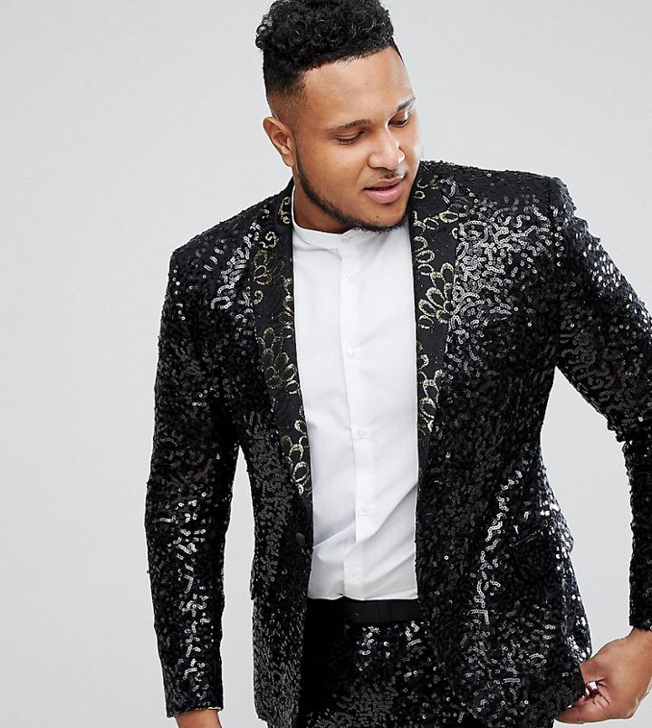Asos Plus Super Skinny Blazer In Black Sequins With Gold Trims - Black