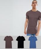 Asos Design Longline Muscle Fit Crew Neck T-shirt With Stretch 3 Pack Multipack Saving - Multi