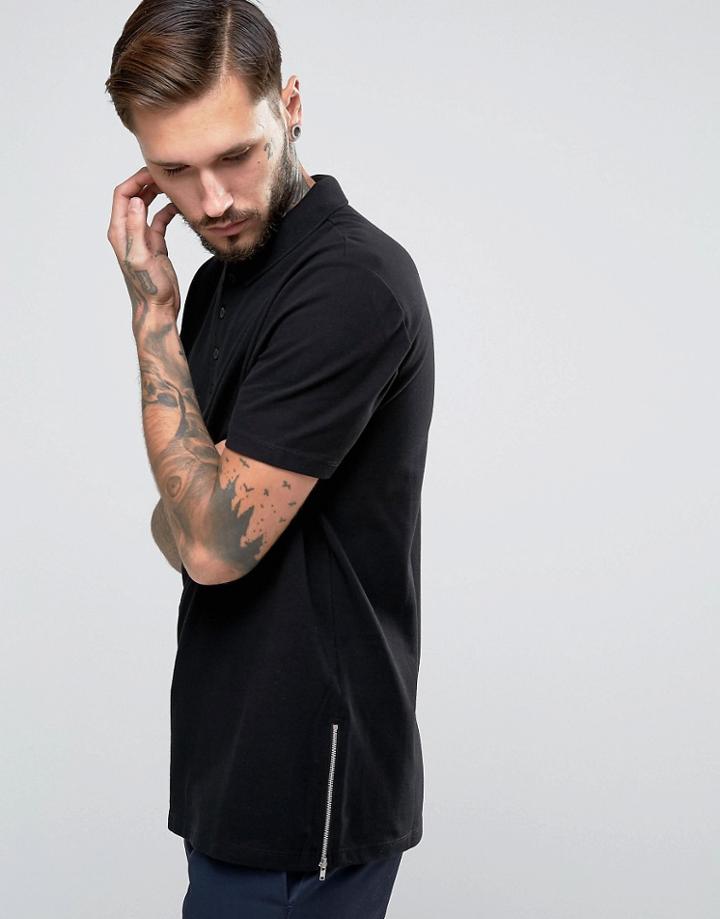 Asos Longline Skater Fit Pique Polo Shirt In Black With Zips - Black