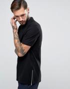 Asos Longline Skater Fit Pique Polo Shirt In Black With Zips - Black