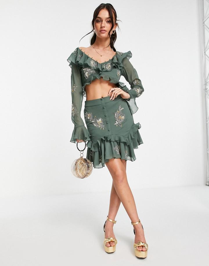 Asos Design Embellished Floral Top In Fil Coupe - Part Of A Set-green