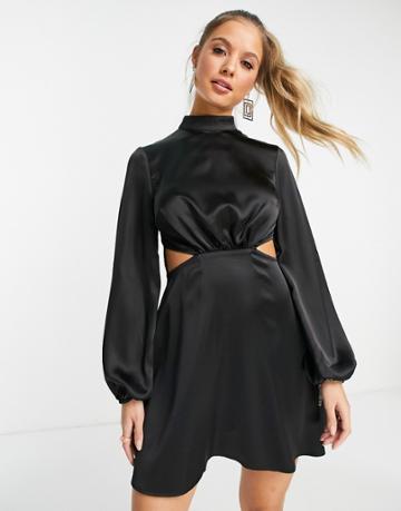 Miss Selfridge Going Out Cut Out Mini Dress In Black Satin