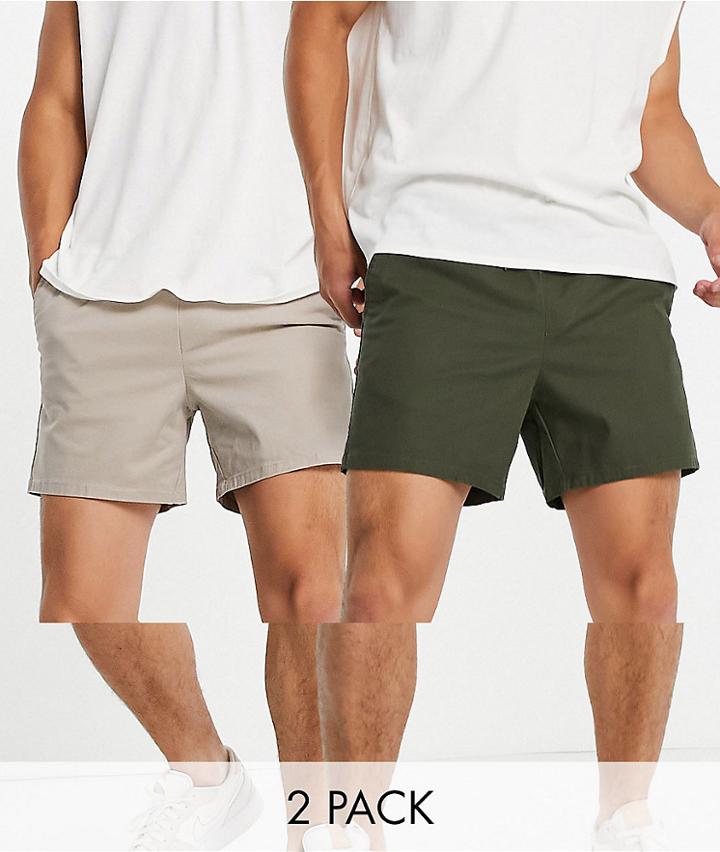 Asos Design 2 Pack Slim Chino Shorts In Dark Khaki And Beige Save-multi