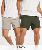 Asos Design 2 Pack Slim Chino Shorts In Dark Khaki And Beige Save-multi