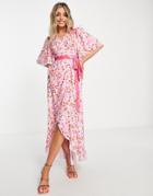 Twisted Wunder Wrap Front Midi Dress In Contrast Heart Print-pink