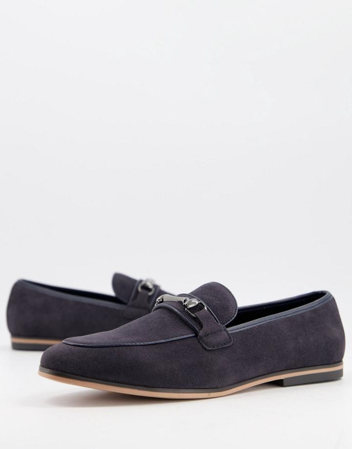Asos Design Loafers In Navy Faux Suede With Snaffle Detail