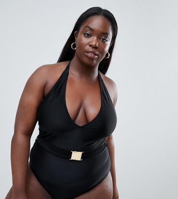 Wolf & Whistle Curve Halterneck Swimsuit With Belt In Black - Black