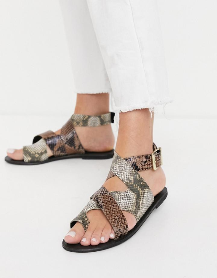Asos Design Fortify Leather Flat Sandals In Snake Mix-multi