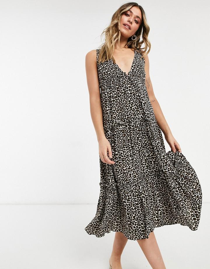 Asos Design Button Front Tiered Midi Sundress In Leopard Print-multi