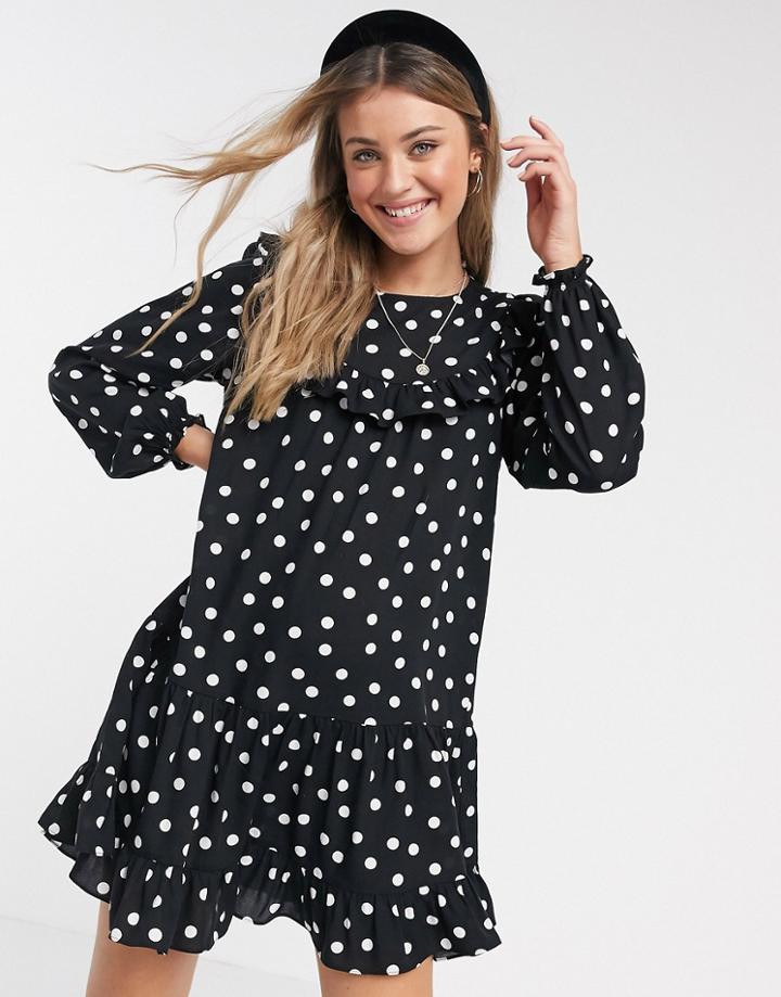 New Look Frill Detail Polka Dot Mini Dress In Black