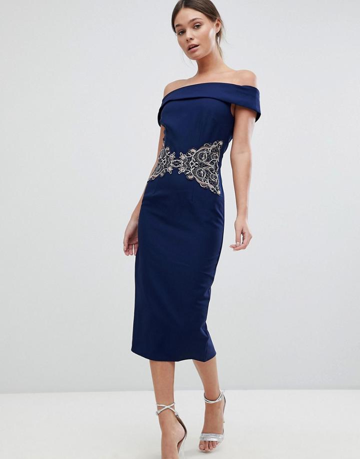 Little Mistress Off The Shoulder Dress With Embroidered Waist - Blue