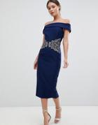 Little Mistress Off The Shoulder Dress With Embroidered Waist - Blue