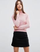 Asos Jumper In Pointelle With Ruffle Neck Detail - Pink