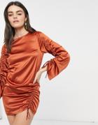Asos Design Long Sleeve Ruched Shift Satin Mini Dress In Rust-brown