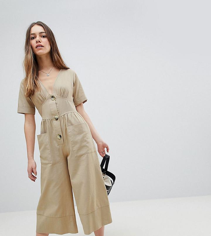 Asos Design Petite Cotton Tea Jumpsuit With Horn Button Detail - Brown