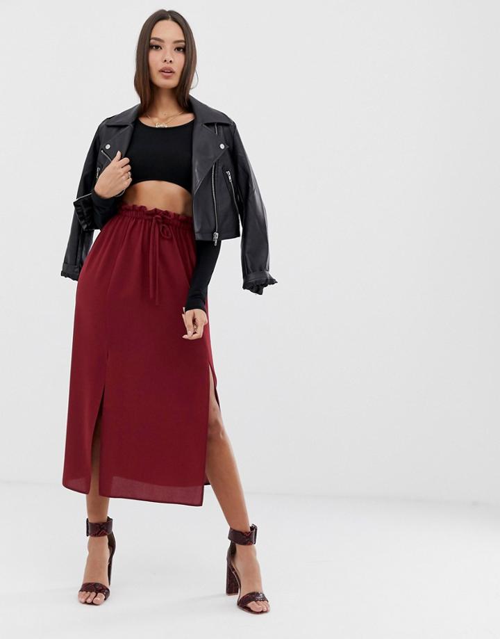 Asos Design Paperbag Midi Skirt With Splits - Red